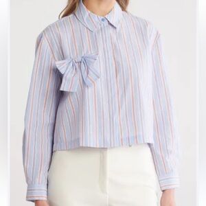 NWOT Nanette Lepore poplin striped button down bow accent top blouse sz Med